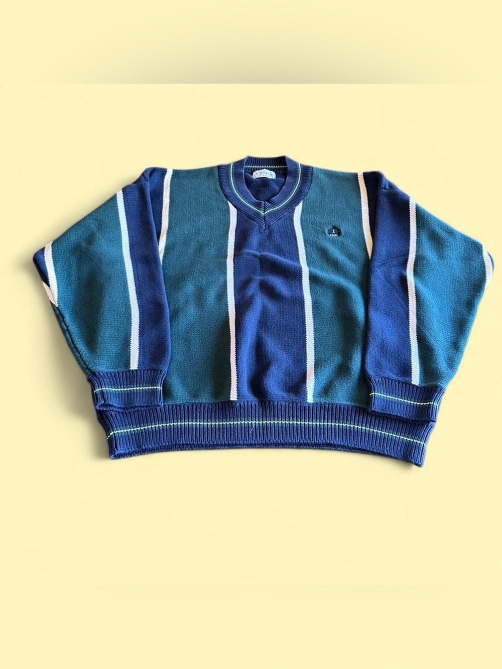 Vintage IZOD Knit Sweater Navy Green Men’s L Striped V Neck Heavyweight